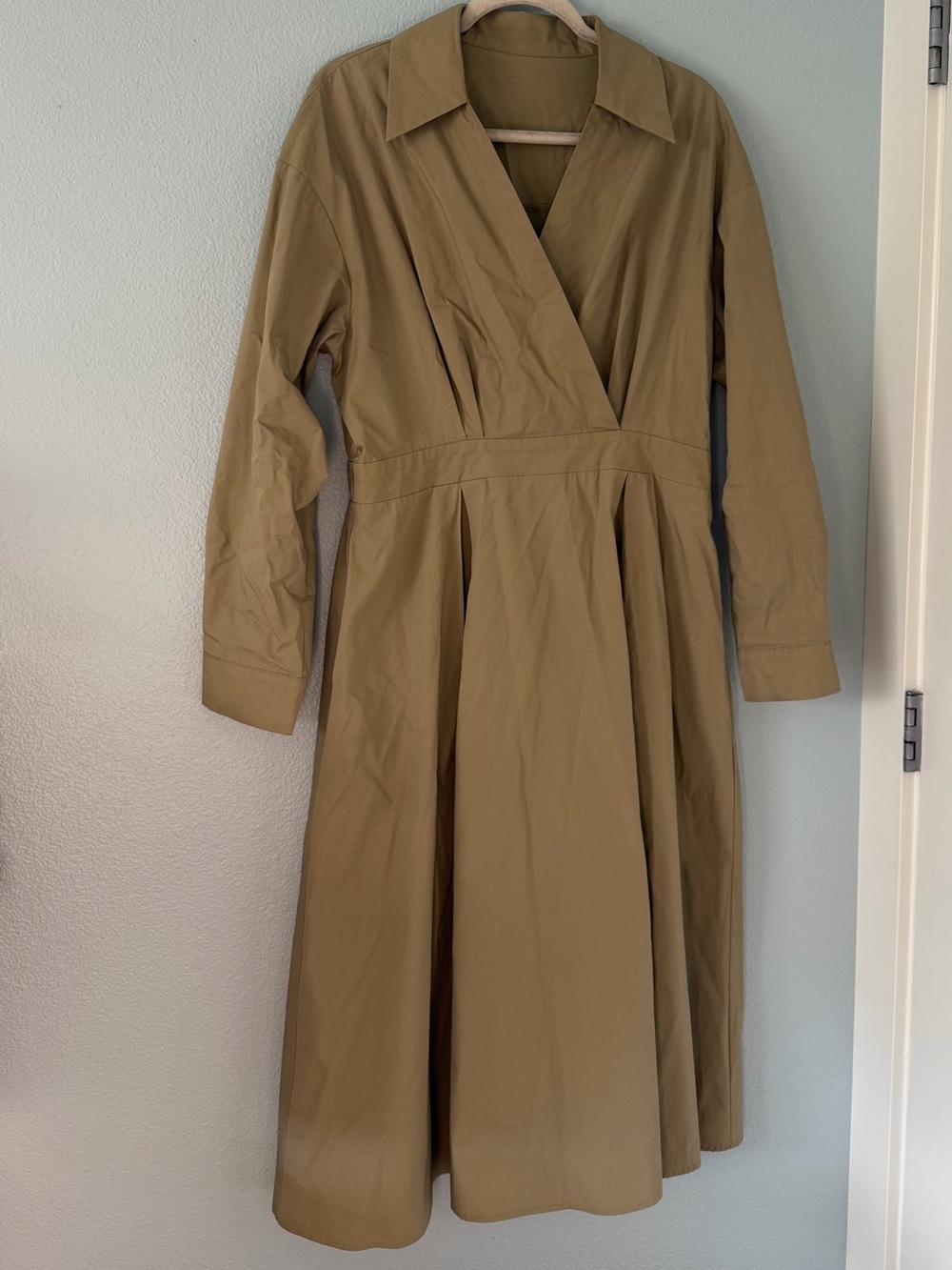 Cider Khaki 100% Cotton Wrap-Front Long Sleeve Midi Dress